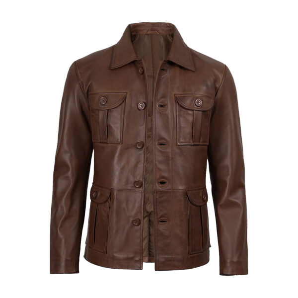 Men’s Brown Cognac Wax Leather Four Pocket Field Jacket